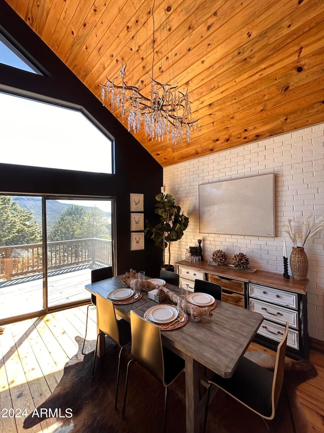 dining area featuring lofted ceiling, a notable chandelier, brick wall, wooden ceiling, and dark hardwood / wood-style floors