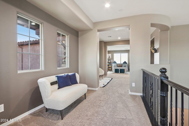 sitting room featuring plenty of natural light and light carpet