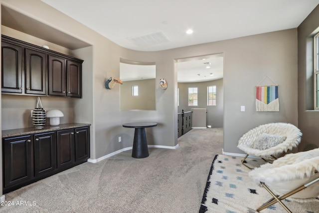 sitting room with light colored carpet