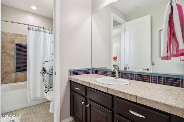 full bathroom with shower / bath combo with shower curtain, toilet, tile patterned flooring, decorative backsplash, and vanity