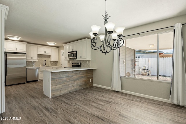 kitchen featuring stainless steel appliances, wood finished floors, a sink, and tasteful backsplash