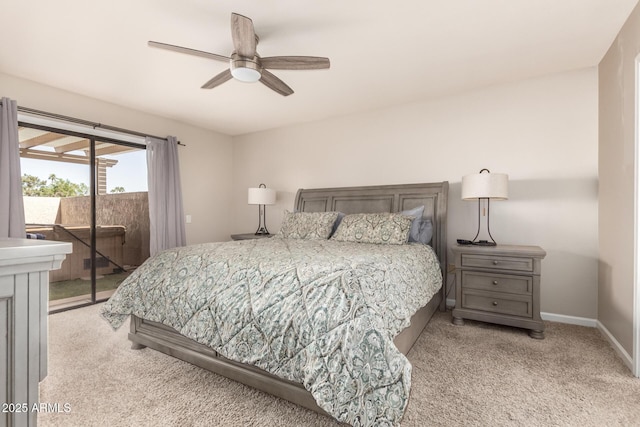 bedroom with access to outside, light colored carpet, ceiling fan, and baseboards