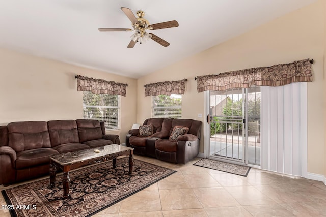 1395 E Runaway Bay Dr, Chandler, AZ 85249 - living room with lofted ceiling, ceiling fan, and light tile patterned floors