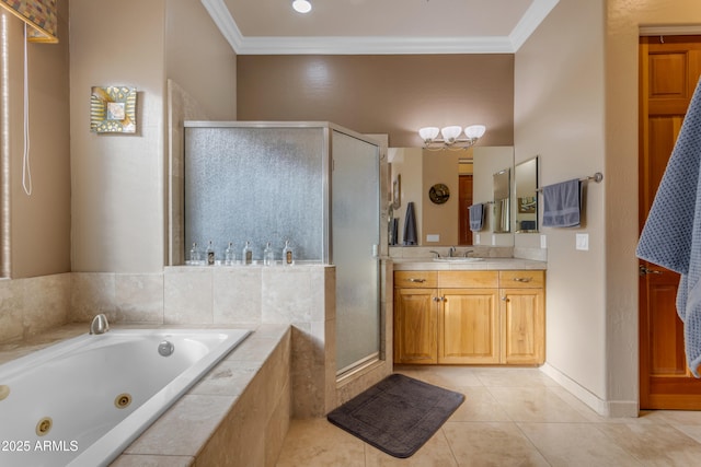 bathroom with vanity, a stall shower, ornamental molding, tile patterned flooring, and a jetted tub