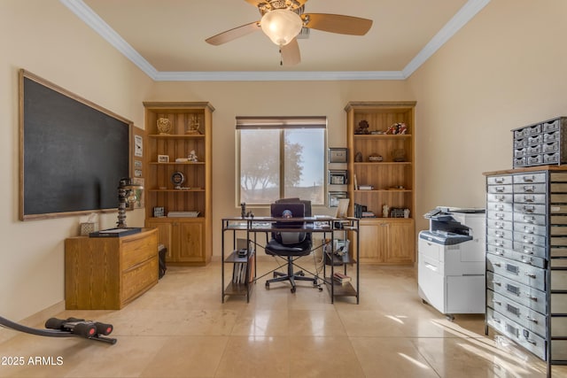 office space featuring light tile patterned floors, ornamental molding, and a ceiling fan