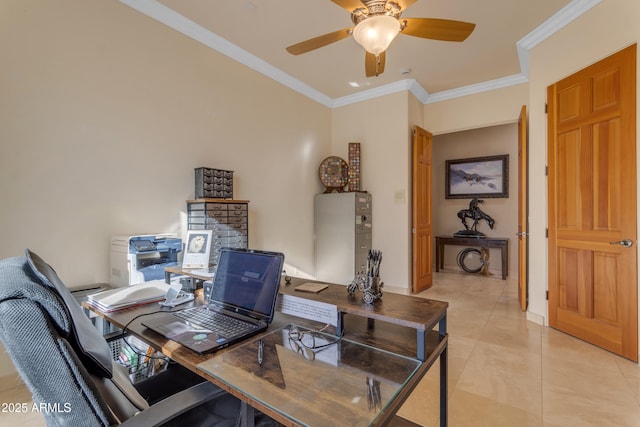 home office featuring light tile patterned floors, crown molding, and a ceiling fan