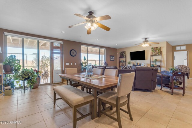 dining room with light tile patterned floors, recessed lighting, and ceiling fan