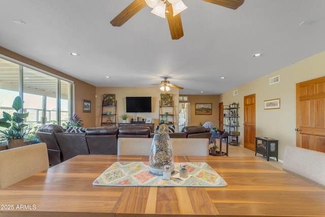 dining room featuring recessed lighting, visible vents, wood finished floors, and a ceiling fan