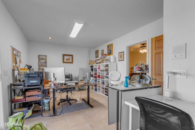 office area featuring light tile patterned flooring and a ceiling fan