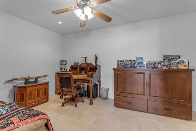 office with light tile patterned floors, baseboards, and ceiling fan