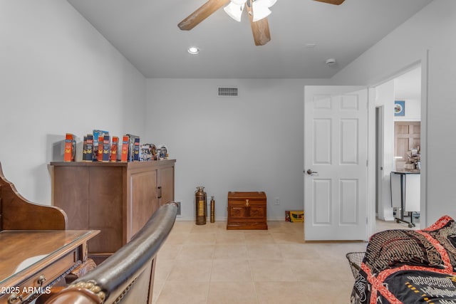 office with light tile patterned floors, recessed lighting, visible vents, and ceiling fan