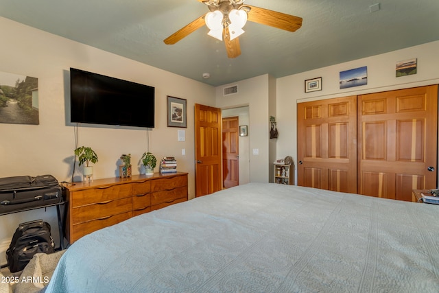 bedroom with a closet, visible vents, and a ceiling fan