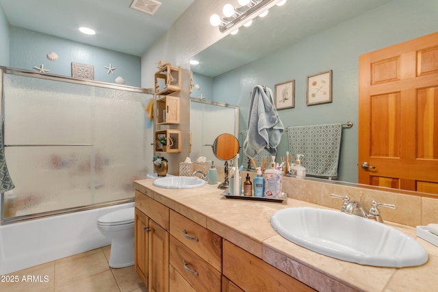 full bath with tile patterned flooring, double vanity, visible vents, and a sink