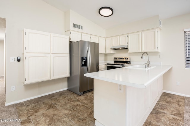 3324 S Parkside Dr, Tempe, AZ 85282 - kitchen featuring appliances with stainless steel finishes, under cabinet range hood, a peninsula, light countertops, and white cabinets