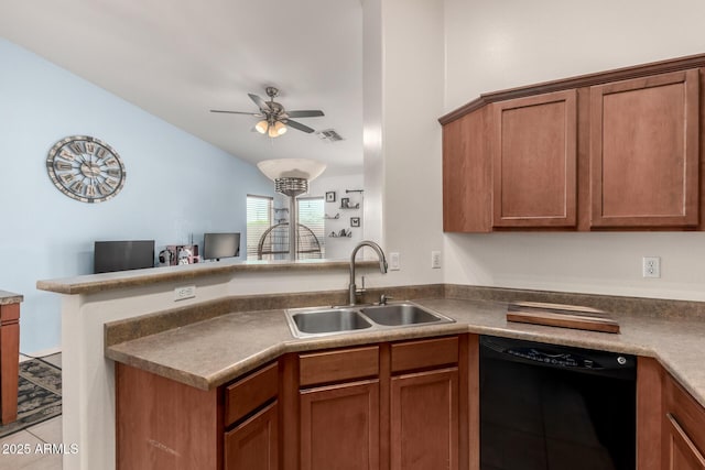 kitchen featuring a peninsula, a ceiling fan, a sink, black dishwasher, and open floor plan