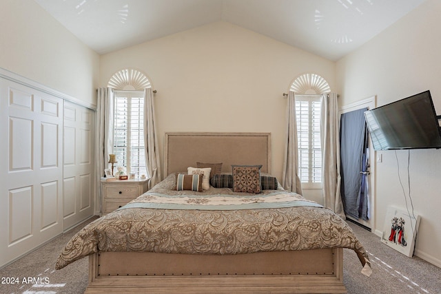 carpeted bedroom with multiple windows, a closet, and vaulted ceiling