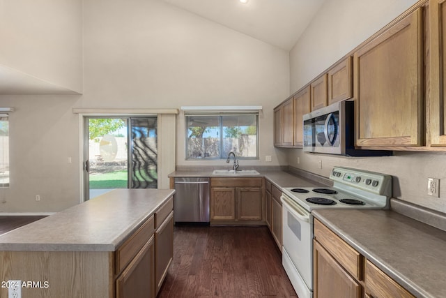 kitchen featuring sink, stainless steel appliances, high vaulted ceiling, and dark hardwood / wood-style floors