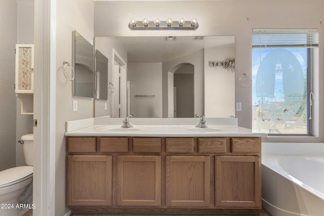 bathroom with toilet, vanity, and a bathing tub