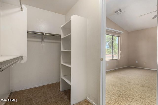 walk in closet with ceiling fan, carpet floors, and vaulted ceiling