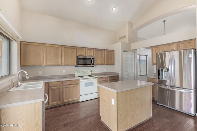 kitchen with sink, a center island, dark wood-type flooring, and appliances with stainless steel finishes