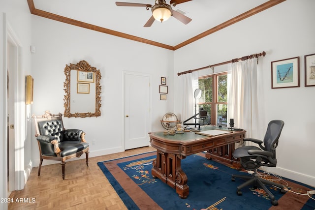 office area featuring crown molding, parquet flooring, and ceiling fan