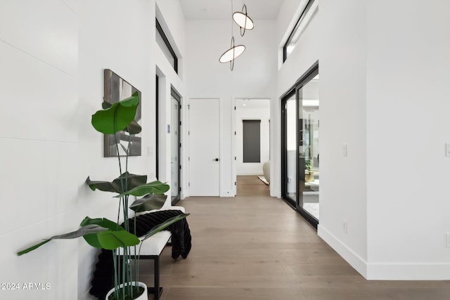 hall featuring a high ceiling and light wood-type flooring