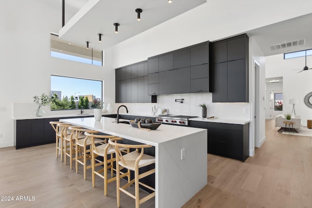 kitchen featuring a large island with sink, a towering ceiling, light hardwood / wood-style flooring, and a breakfast bar area