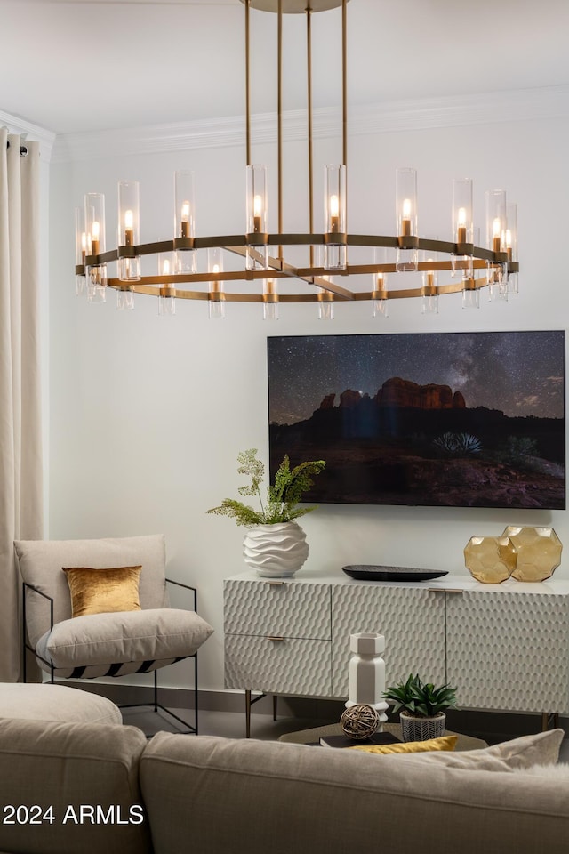 living room featuring crown molding