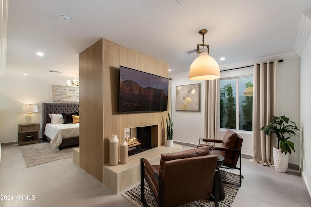 living room with crown molding, a fireplace, and light tile patterned flooring