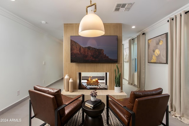 living room featuring a multi sided fireplace and ornamental molding