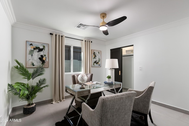 office featuring crown molding and ceiling fan