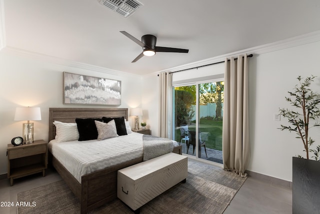 bedroom featuring ceiling fan, access to exterior, and crown molding