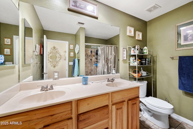 bathroom with toilet, a stall shower, visible vents, and a sink