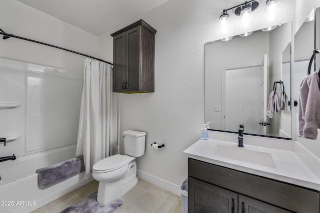 bathroom with toilet, tile patterned floors, vanity, baseboards, and shower / tub combo with curtain