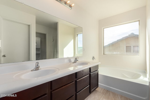 bathroom featuring a washtub and vanity