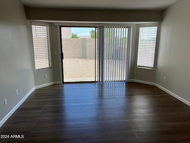 spare room with plenty of natural light, baseboards, and dark wood-type flooring