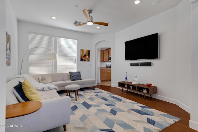 living room with ceiling fan