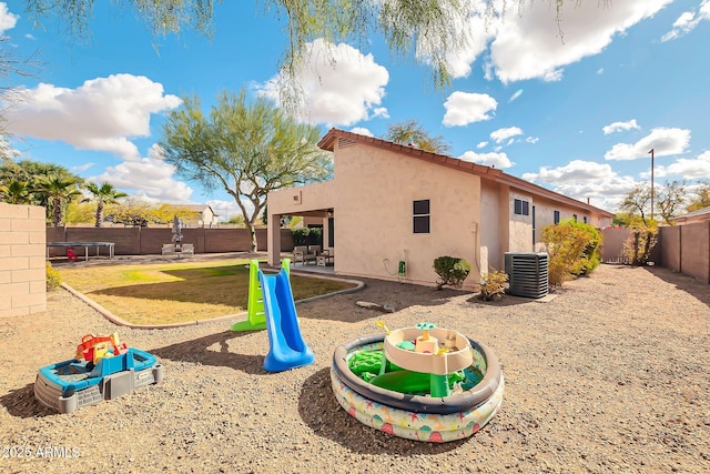 21640 N 48th St, Phoenix, AZ 85054 - exterior space with central air condition unit, a playground, a fenced backyard, and stucco siding
