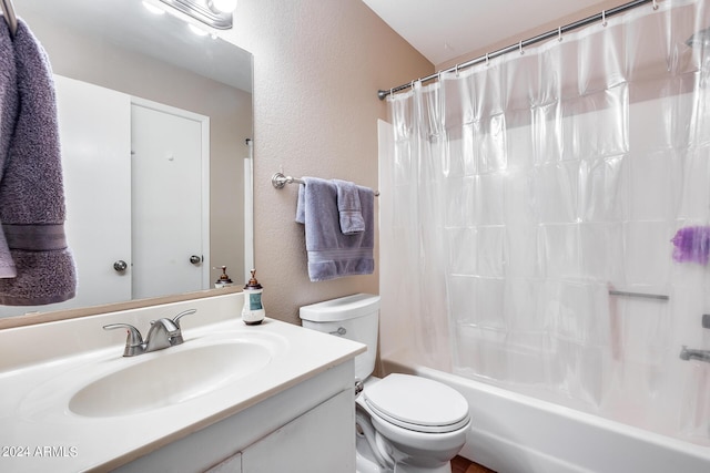 full bathroom with toilet, vanity, and shower / tub combo with curtain