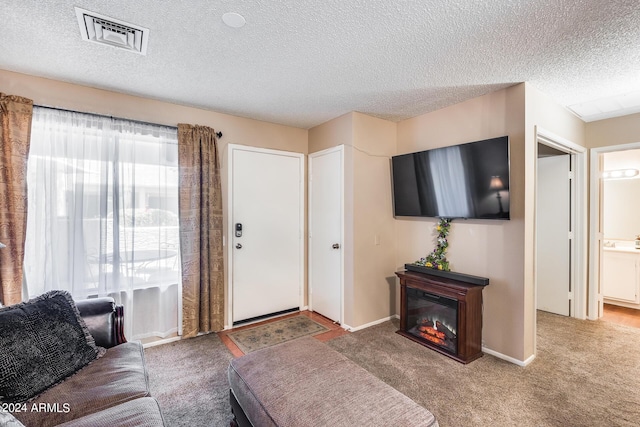 living room featuring carpet floors and a textured ceiling