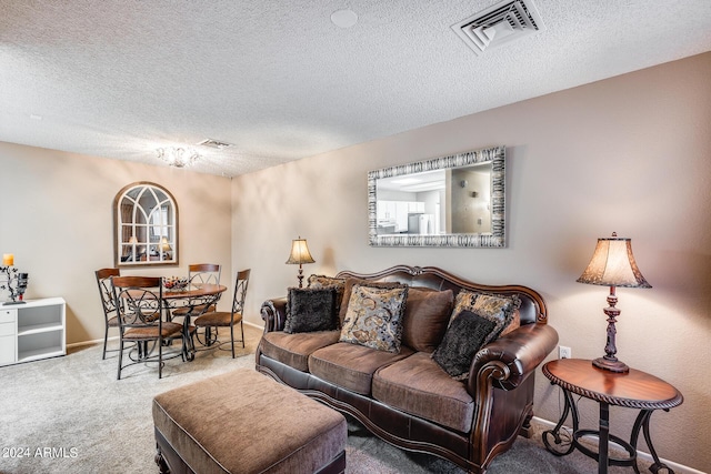 carpeted living room with a textured ceiling