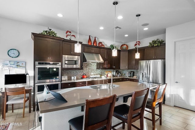 kitchen with sink, pendant lighting, appliances with stainless steel finishes, and a center island with sink