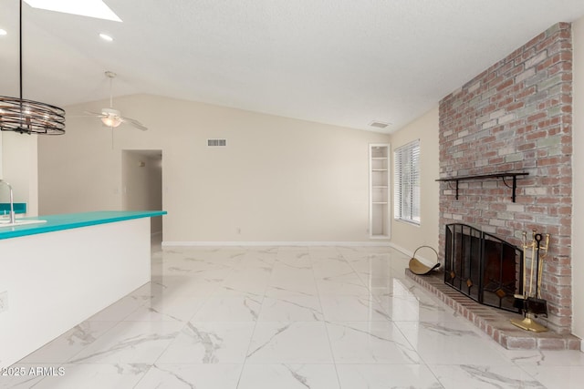 643 W Medina Ave, Mesa, AZ 85210 - unfurnished living room featuring baseboards, recessed lighting, marble finish floors, a sink, and lofted ceiling