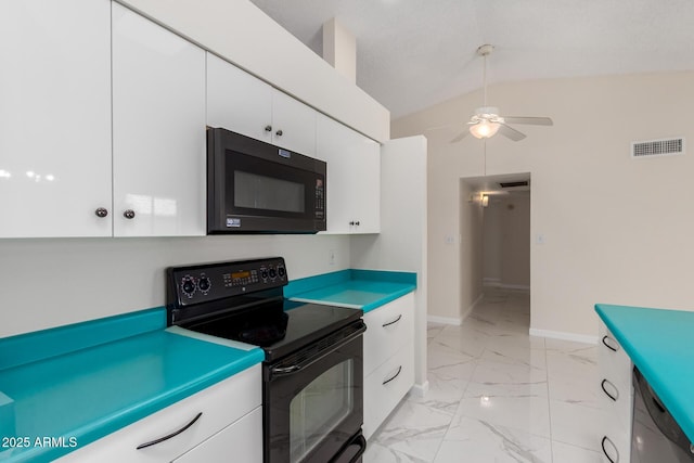 643 W Medina Ave, Mesa, AZ 85210 - kitchen with black appliances, a ceiling fan, lofted ceiling, white cabinets, and light marble finish flooring