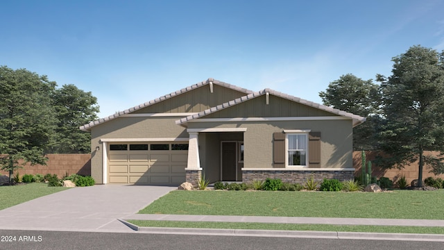 craftsman-style house with driveway, a front yard, stone siding, fence, and an attached garage