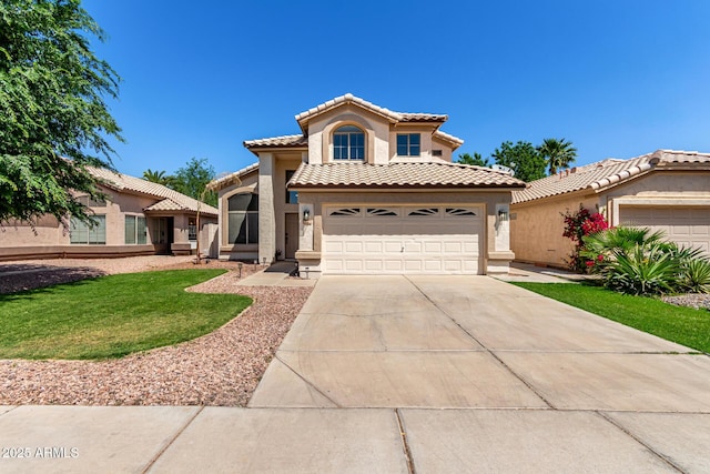 1698 E Barbarita Ave, Gilbert, AZ 85234 - mediterranean / spanish house with a tile roof, concrete driveway, a front lawn, a garage, and stucco siding