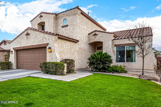 mediterranean / spanish-style home featuring a garage and a front lawn