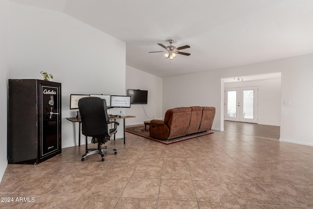 3837 W Dailey St, Phoenix, AZ 85053 - home office with vaulted ceiling, ceiling fan, french doors, and light tile patterned floors