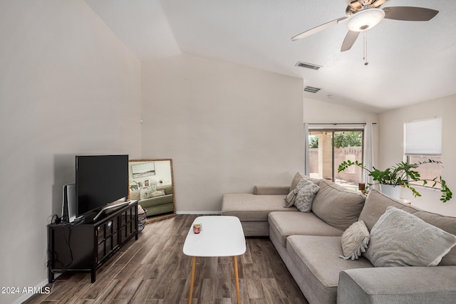 living room with vaulted ceiling, ceiling fan, and dark hardwood / wood-style flooring