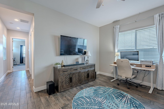 office with dark wood-type flooring and ceiling fan